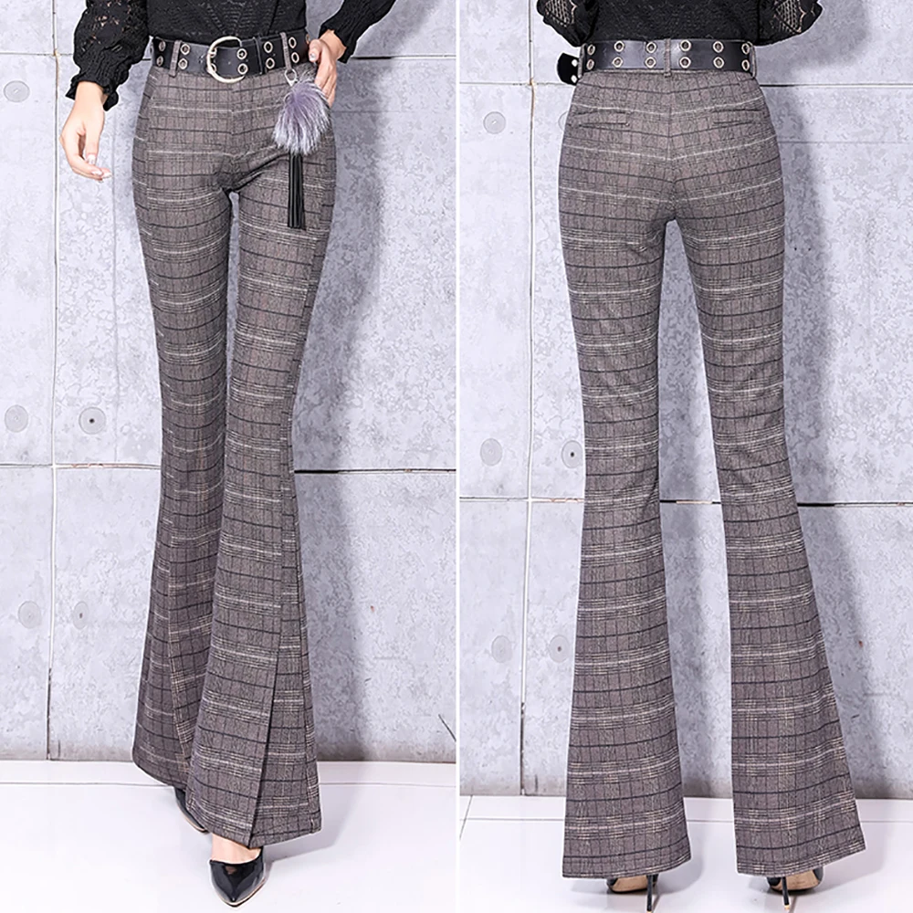 Женские брюки в клетку с широкими штанинами офисная одежда длинные поясом модные