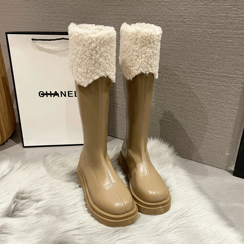 

Женские зимние сапоги В рыцарском стиле, новинка 2021, сапоги до колена из овечьей шерсти с бархатной подкладкой, женские универсальные сапог...