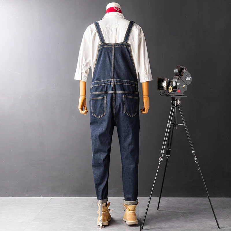

ABOORUN Men's Dark Blue Denim Bib Overalls Slim fit Jeans Casual Pocket Cargo Pants Suspenders Jumpsuits