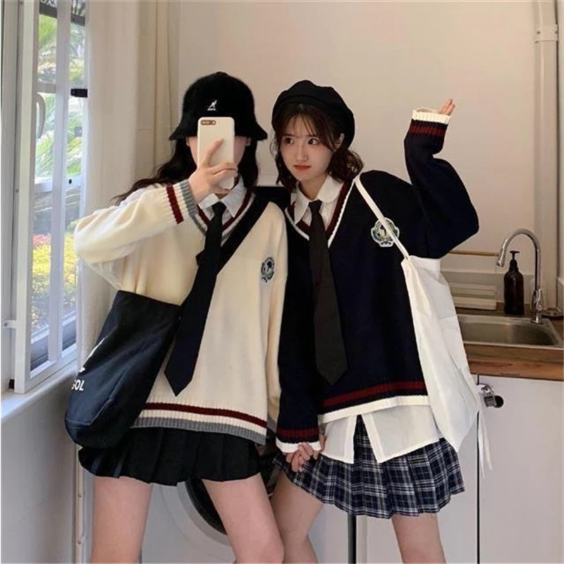 

New 2022 Japanese Preppy Pullover Jk Sweater Loose Casual Long Sleeves Student Long-sleeved Knit V-neck Pullover School Uniform