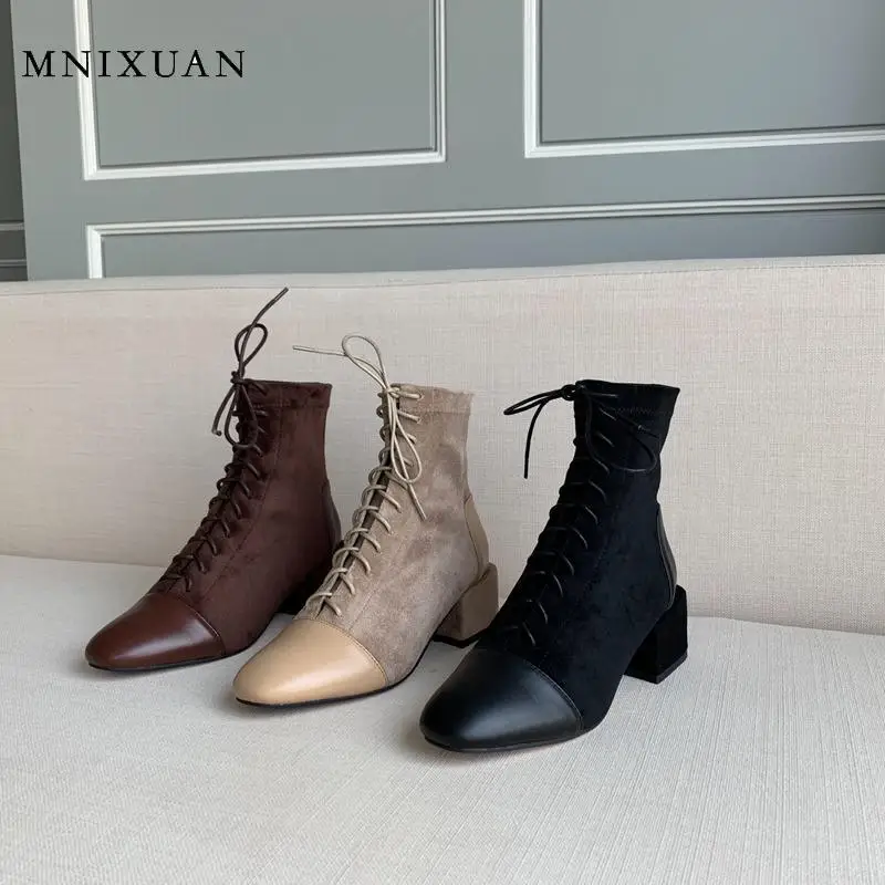 Женские ботильоны на шнуровке MNIXUAN черные ботинки из натуральной кожи блочном