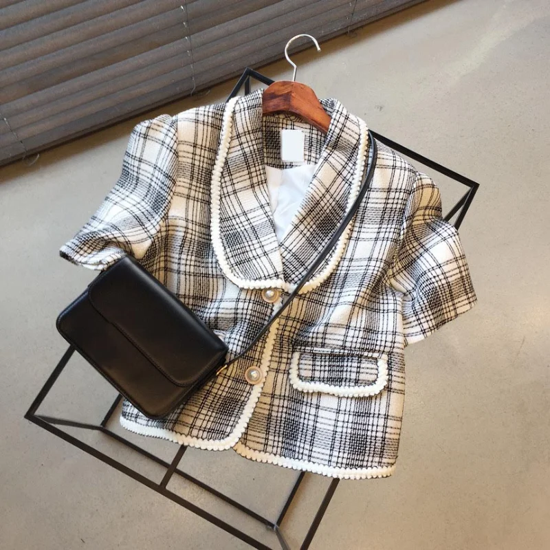 

French Temperament Lapel Contrast Color Women Tops Chic Plaid Two Buttons Loose Office Ladies Blazer Elegant Short Sleeve Coat