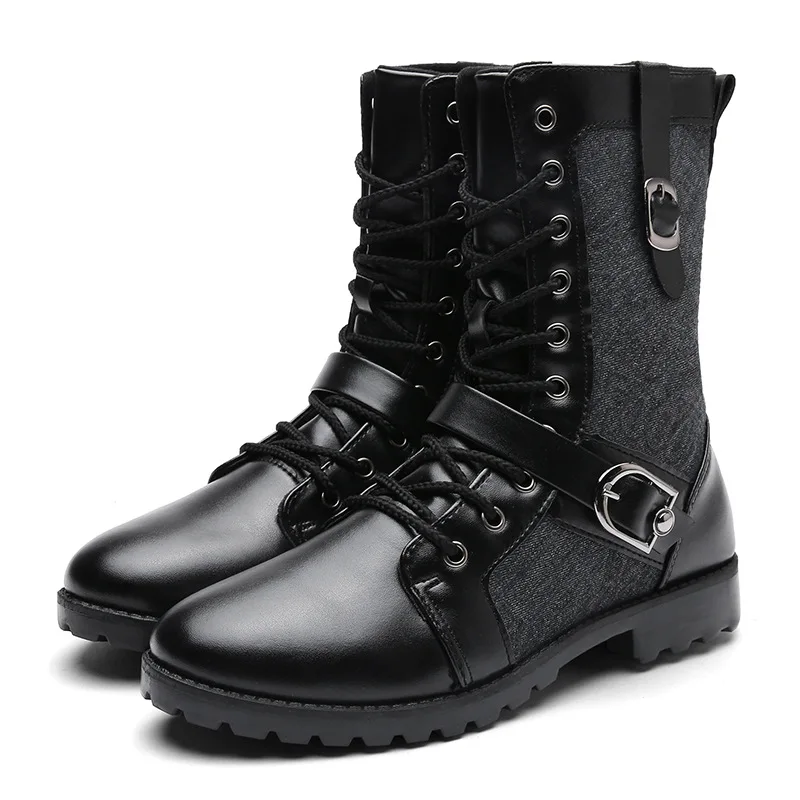 Winter Men Motorcycle Boots Fashion Mid-Calf Punk Rock Punk Shoes Mens BootsLeather Black High top Casual Boot Man