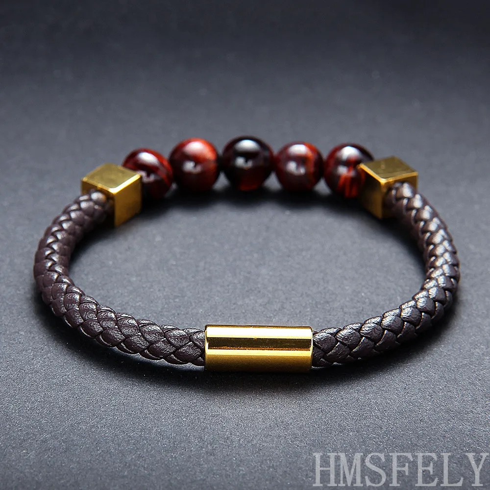 HMSFELY Fashion Men Real Leather Rope Stone Beaded Black Brown Bracelets Stainless Steel Gold Beads Magnetic Bracelet For Men