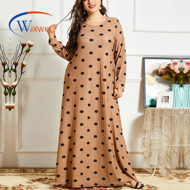 

WJXWKL 2021 Plus Size Muslim Dubai Robe Islamic Kaftan Women's Clothing Dotted Prints Spring Autumn Casual Loose Long Dress