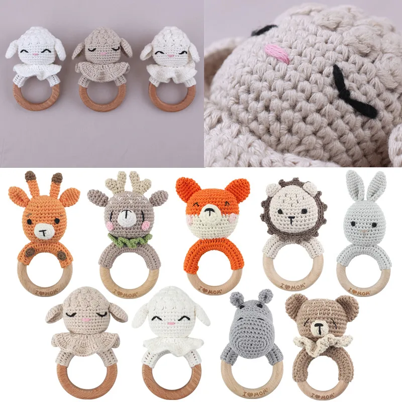 

Baby Rattles DIY Crochet Cartoon Lion Fox Doll Hand Bell Carved Wooden Ring Teething Toys Newborn Molar Teether Educational Toy