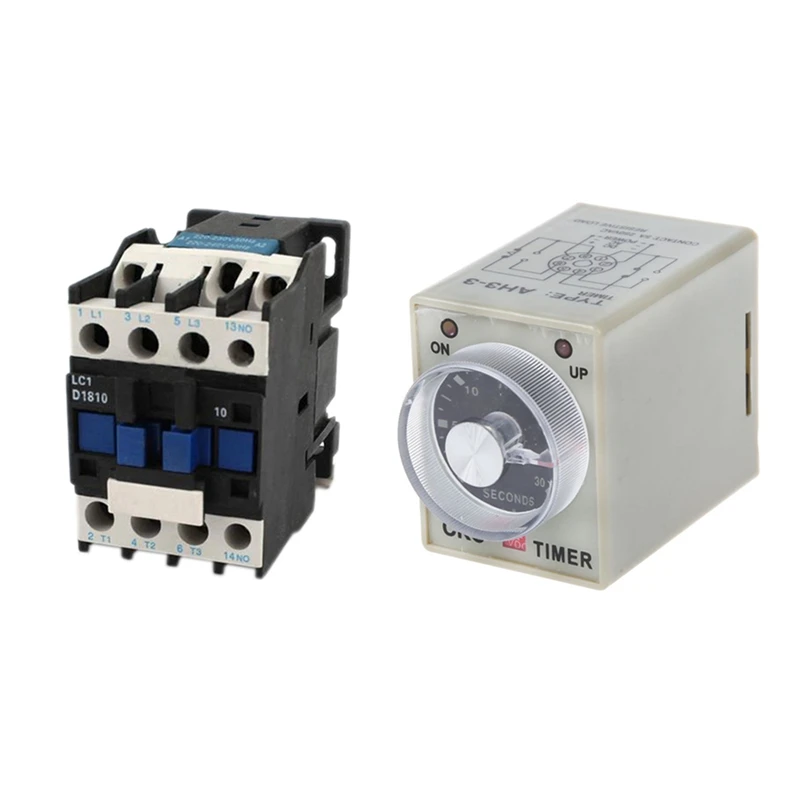 

AC Contactor AC220V Coil 18A 3-Phase 1NO 50/60Hz Motor Starter Relay LC1 D1810 Black & DC 12V 0-30 Seconds 30S Electric Delay Ti