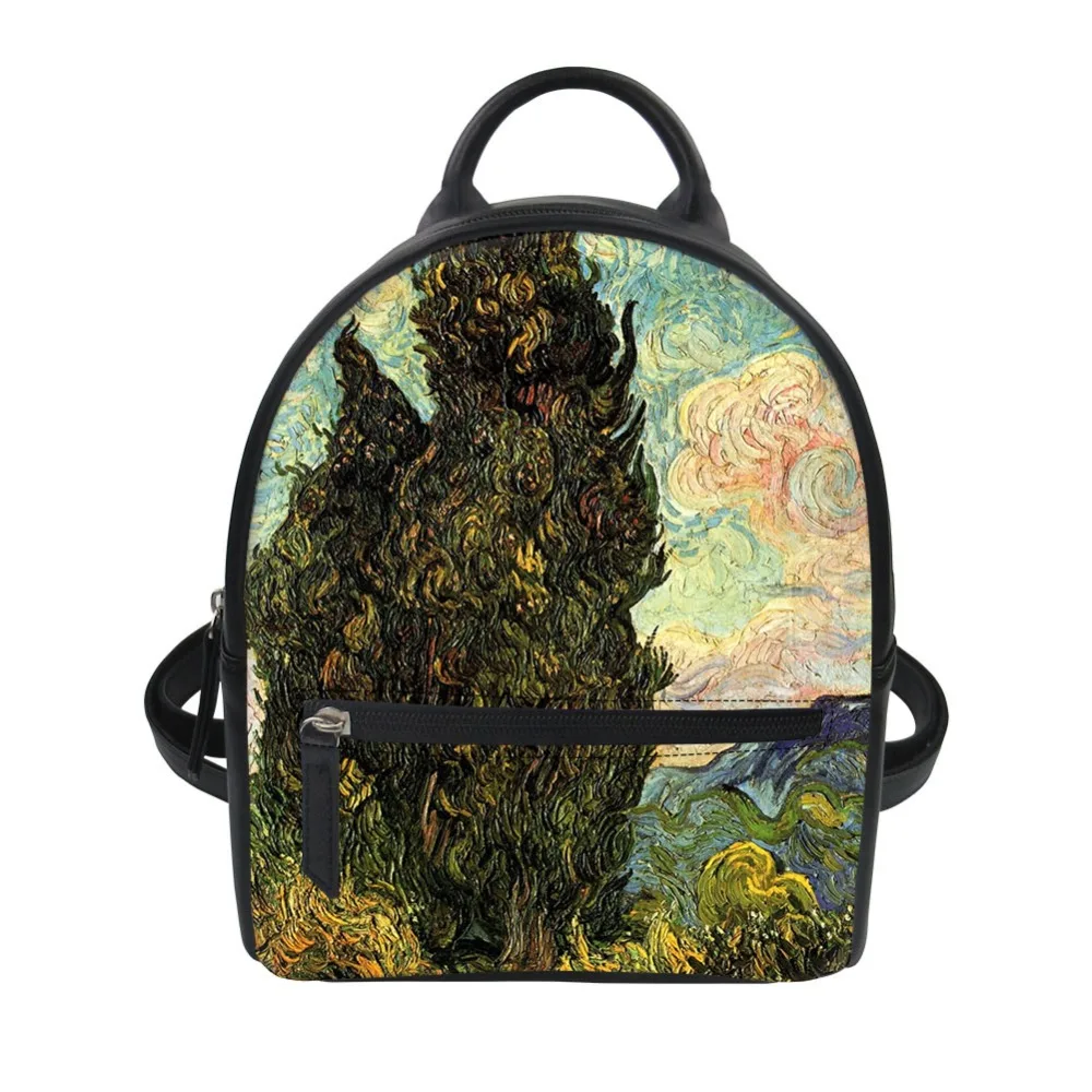 

Customized Women Backpack Mini Rucksack Lady Luxury Leather Shoulder Bagpack Teenagers Bolsa Vincent van Gogh Starry Night Print