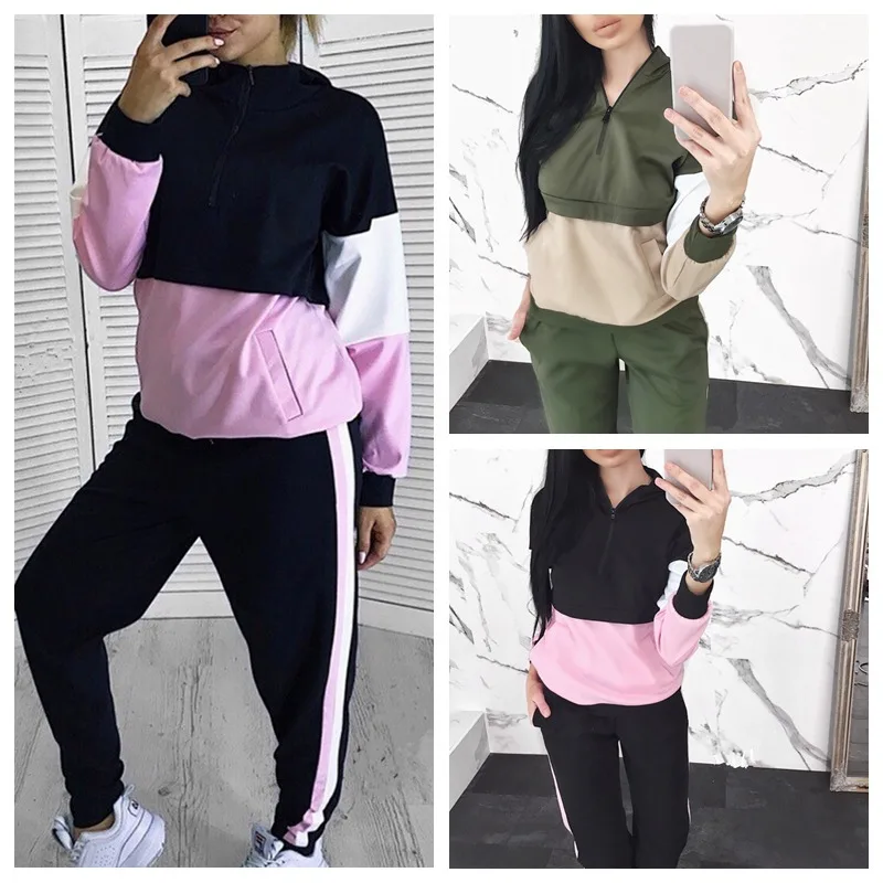 

Спортивная одежда 2020, повседневный женский спортивный костюм в стиле пэчворк, спортивная одежда с длинным рукавом и молнией, укороченная од...