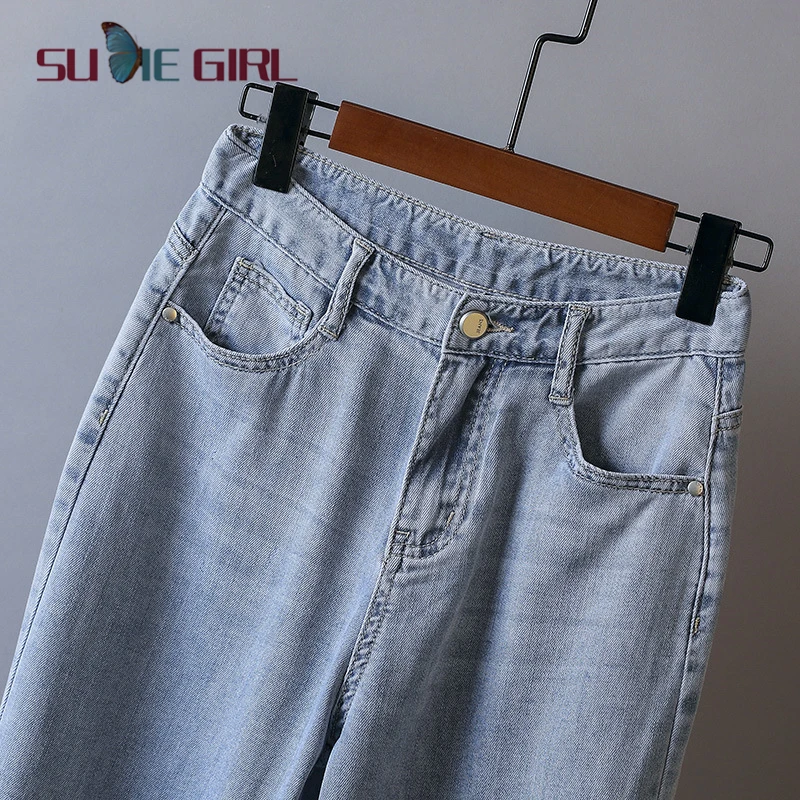 

SUDIE Girl Light blue thin wide-leg jeans women's summer loose mopping pants summer leg slit straight-leg pants
