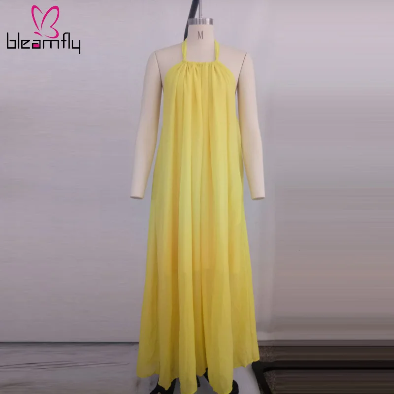 Однотонное женское Шифоновое Платье макси с лямкой на шее сексуальное шнуровке