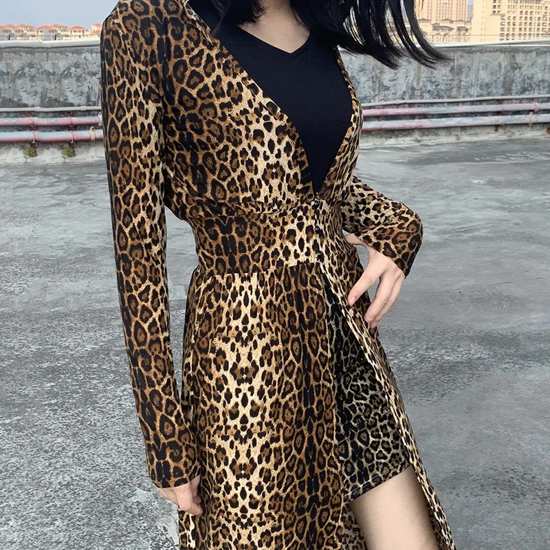 Hugcitar leopard print long sleeve hooded trench coats autumn winter women streetwear windbreak outfits