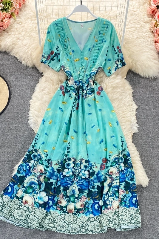 

women's vintage floral green Maxi Dress summer women's V-neck short sleeve folds slim robe elegant vacation big swing long Dress
