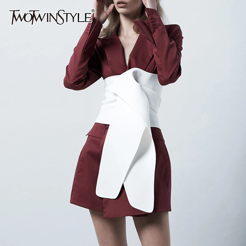TWOTWINSTYLE patchwork belt blazer coat for female lapel collar long sleeve hit color high waist slimming women's coat fashion