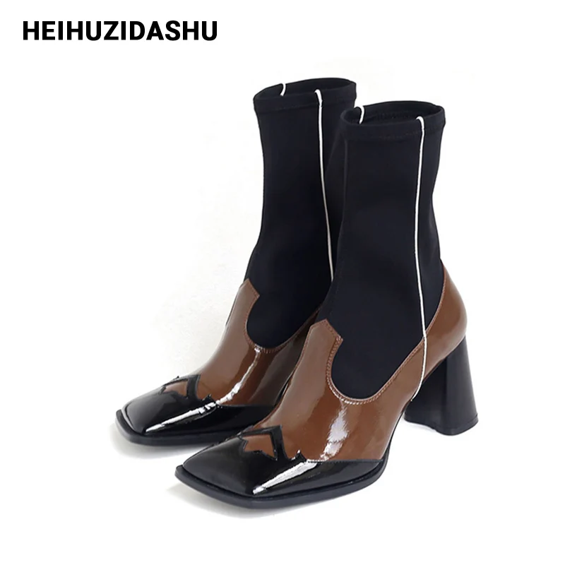Женские кожаные ботильоны с квадратным носком на массивном каблуке эластичные