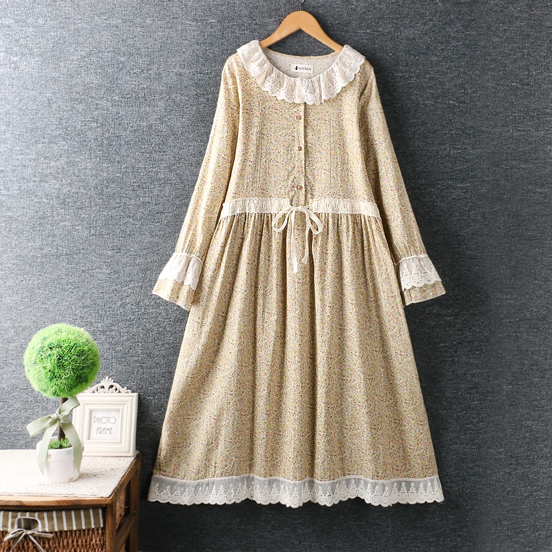 

Женское длинное платье из хлопка и льна, маленькая японская кружевная юбка с круглым вырезом и цветочным принтом, свободное платье с длинны...