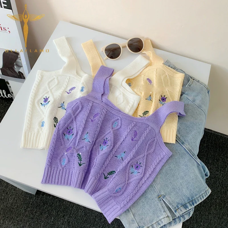 

Vintage Floral Embroidery Tank Vests Women's Clothes Sexy Hollow Knitwear Top Vest Street Summer Bottom Pink Crop Tops Mujer