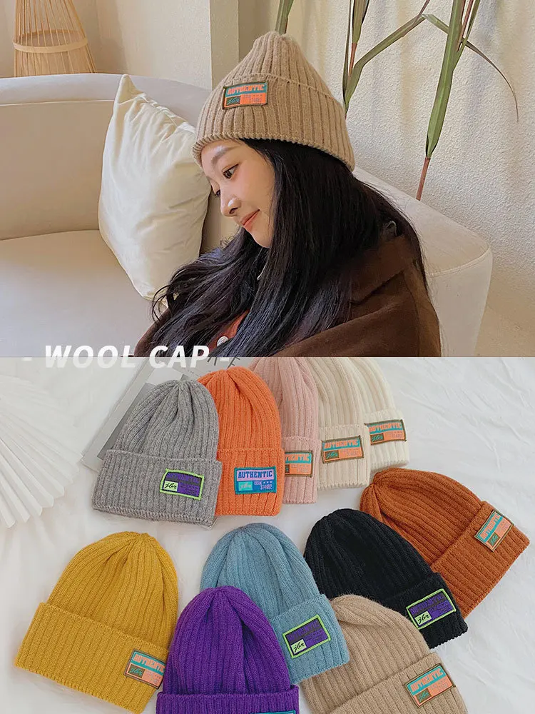 

Autumn and Winter Warm Ear Protection Woolen Hat Japanese All-Match Candy Color High-Density Patch Knitted Hat Women