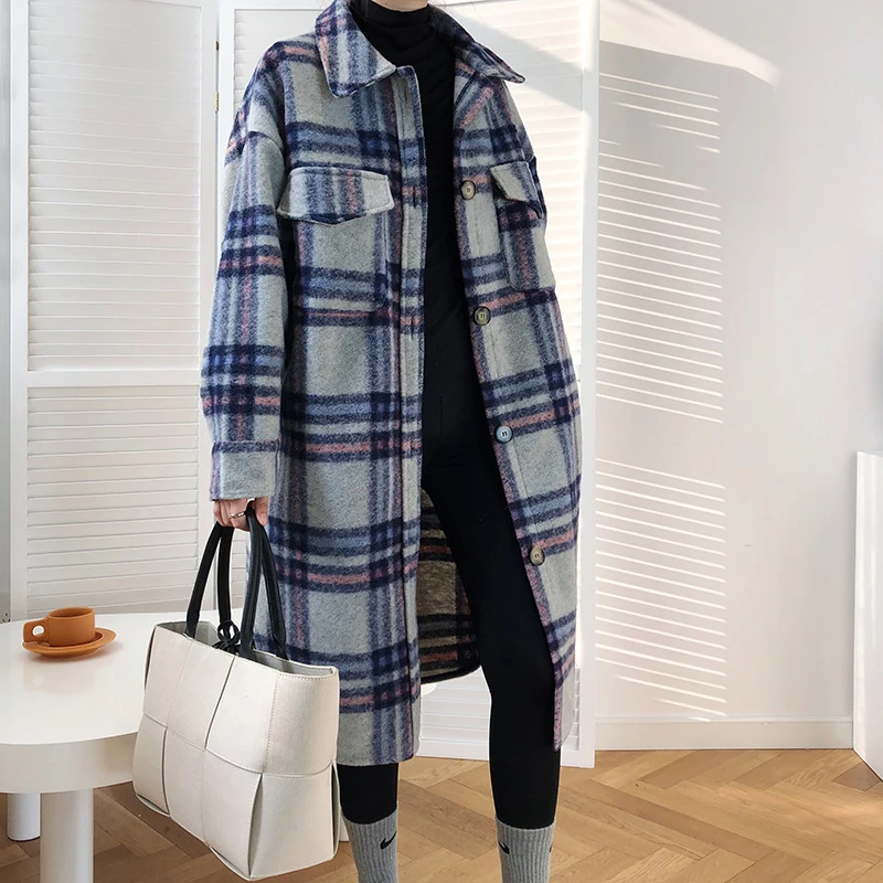 

Women Winter Woolen Coats 2020 Female Plaid Print Retro Warm Thick Long Jacket Outercoats Korean Style Outwear Q6