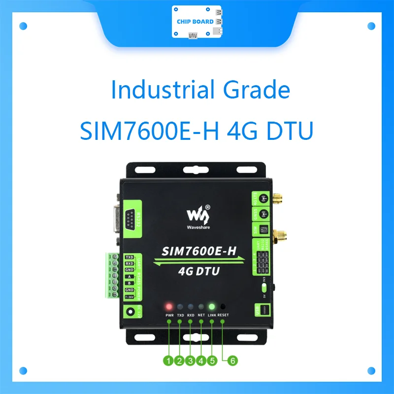 Waveshare Industrial Grade SIM7600E-H 4G DTU, RS232/485/TTL to 4G LTE, GNSS, for China, Europe, the Middle East, Africa, South Korea