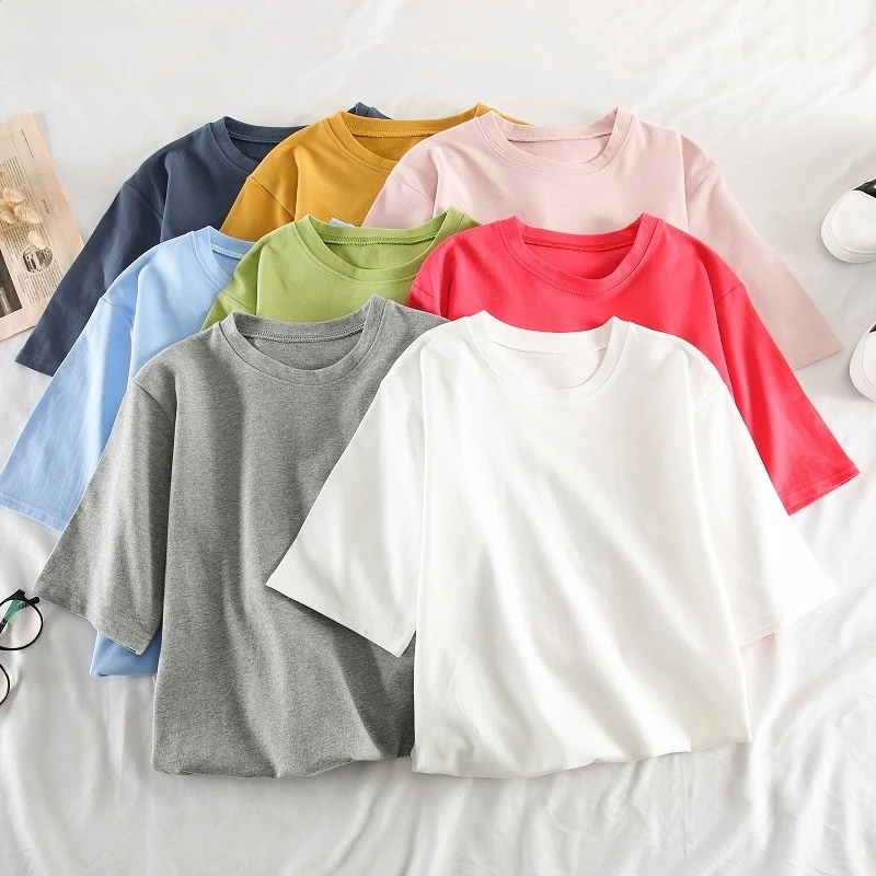 

Корейские милые однотонные базовые футболки, летние футболки с графическим рисунком, женская футболка с коротким рукавом, повседневные сво...