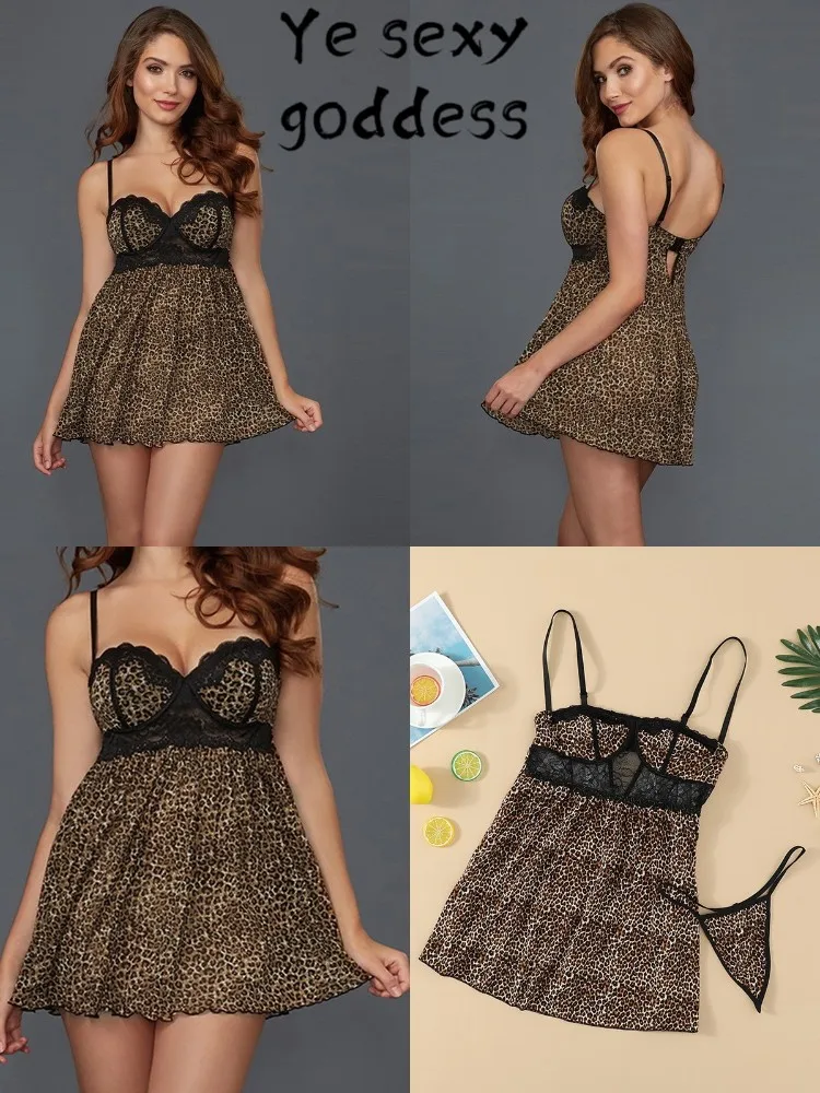 

2021 New Women's Sexy Dress Leopard Print Satin Lace Hollowing Out Backless V-neck Suspender Vestidos Female Casual Dress