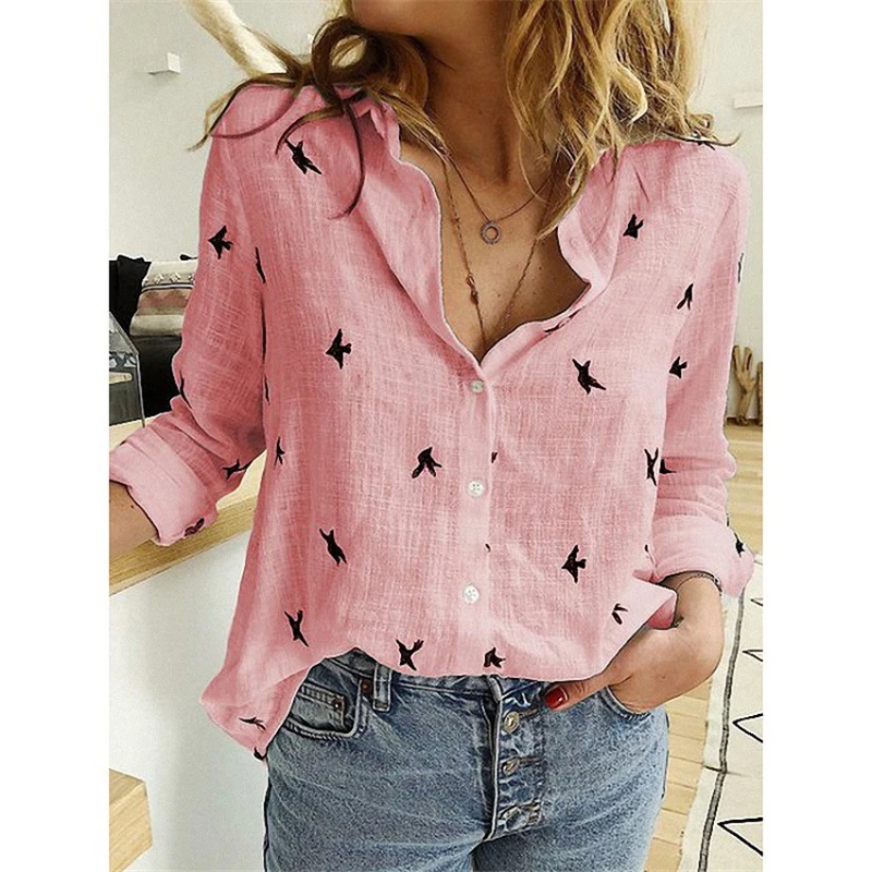

2020 Spring Autumn Fashion New Ladies Animal Print Casual Loose Long-Sleeved Linen Temperament Shirt Top Trendy 310