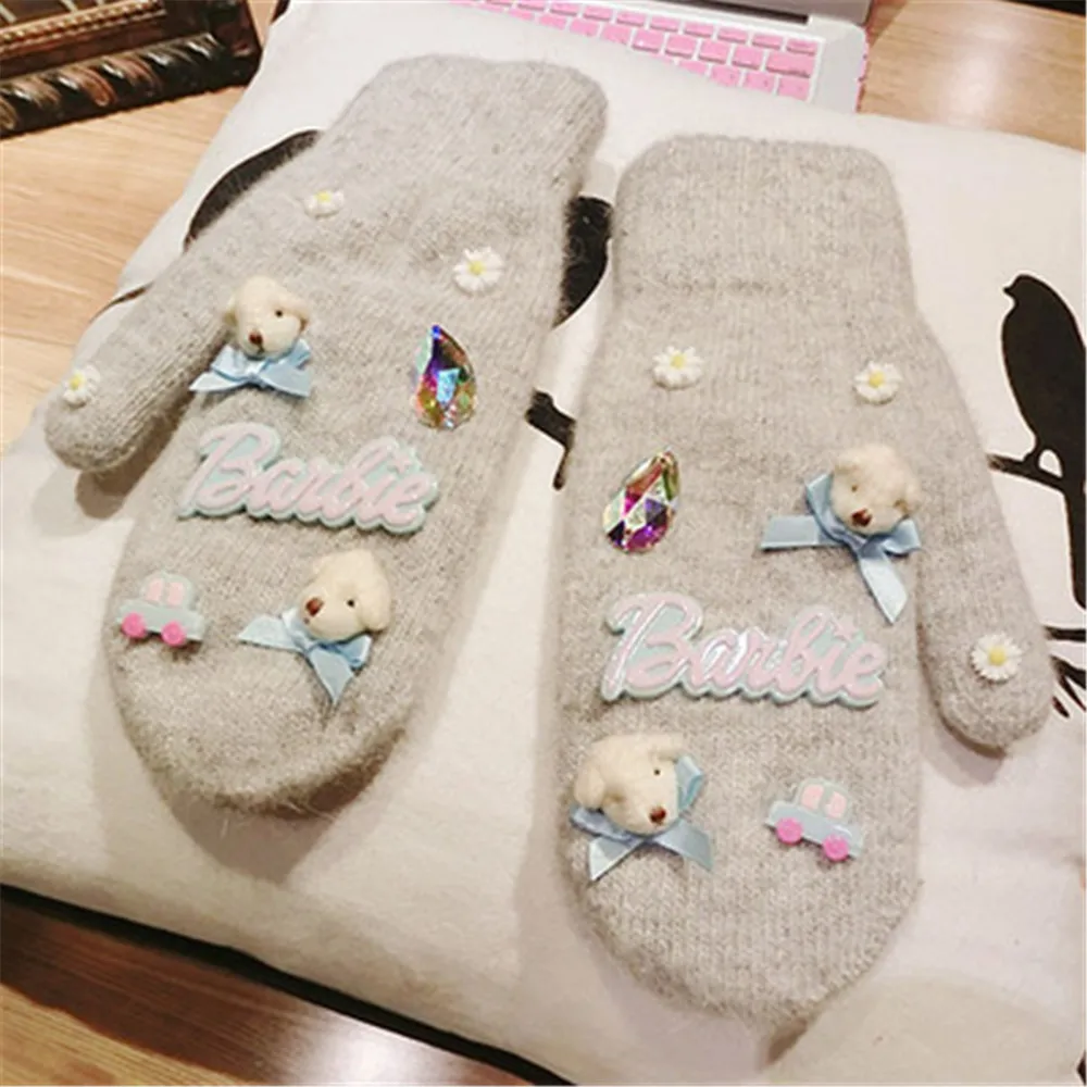 

Fashion Female Fur Plus Velvet Thick Winter Warm Cycling Mitten Daisy Bear Bow Cartoon Rabbit Wool Elasticity Knit Glove