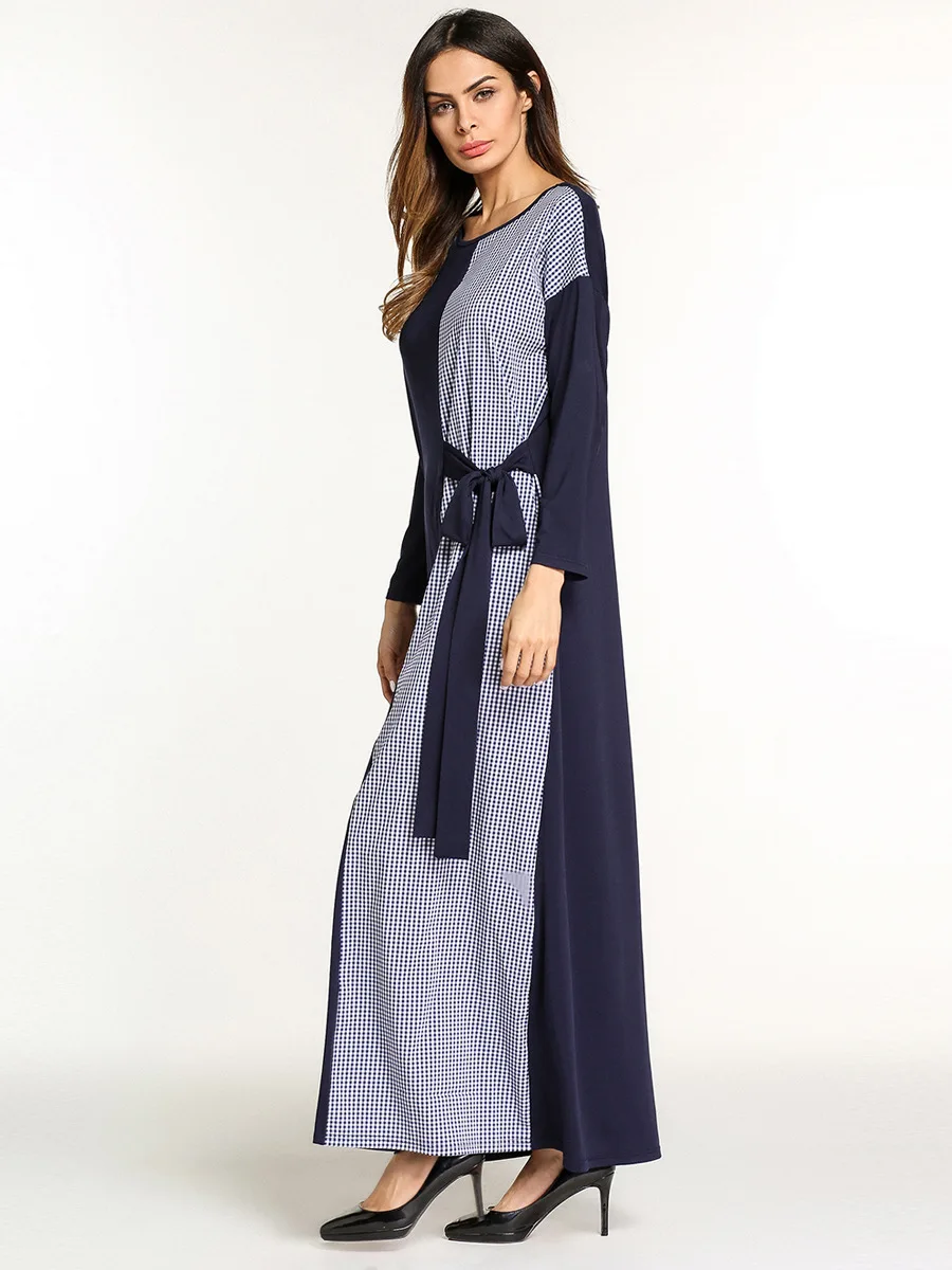 Клетчатое лоскутное платье с длинным рукавом женское Макси Платье на шнуровке