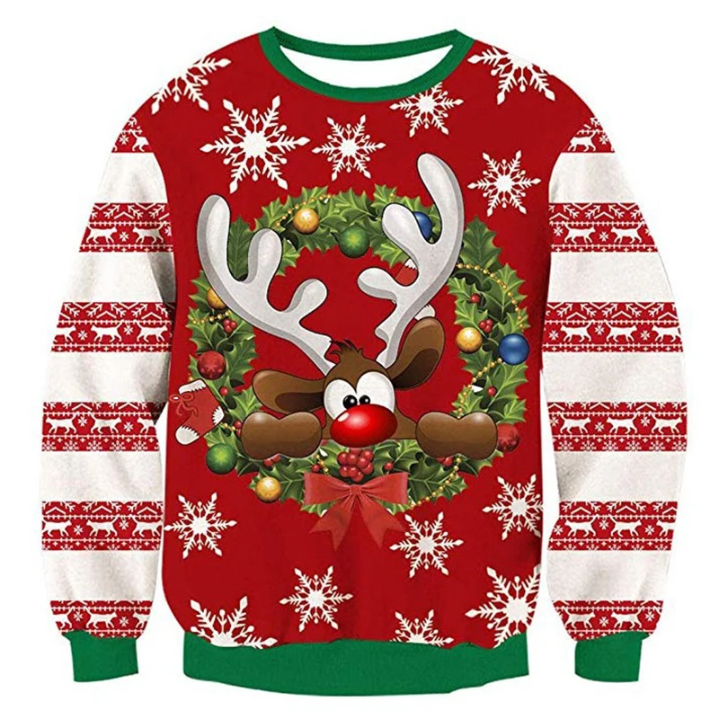 O Neck Christmas Sweater 3d Antler Print Novelty Ugly Unisex Men Women Long Sleeve Pullover Jumpers | Женская одежда