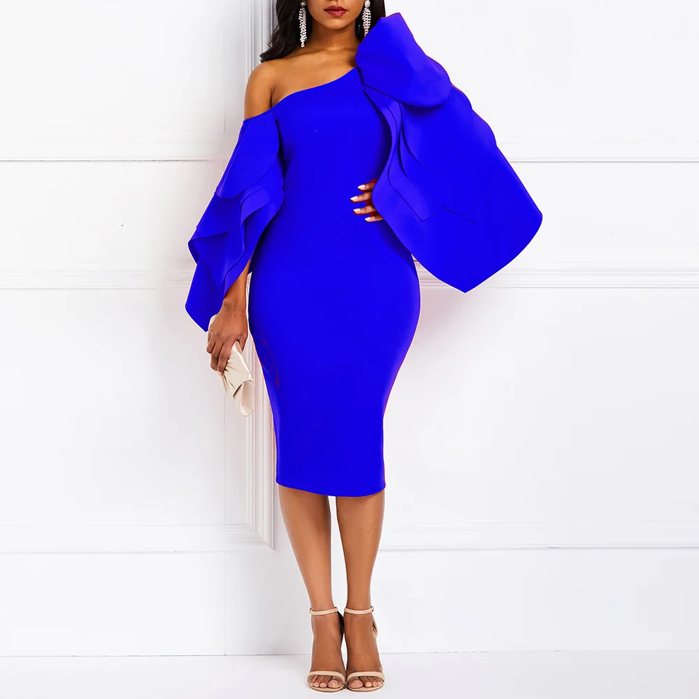 Elegant Luxury African Fashion Blue One Shoulder Mermaid Party Dress Layered Ruffles Women Celebrity Tight Wedding Vestidos |