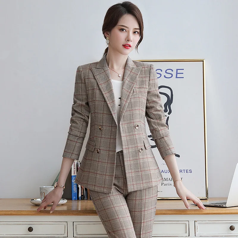 Женская офисная одежда двубортный пиджак в клетку офисный костюм со штанами