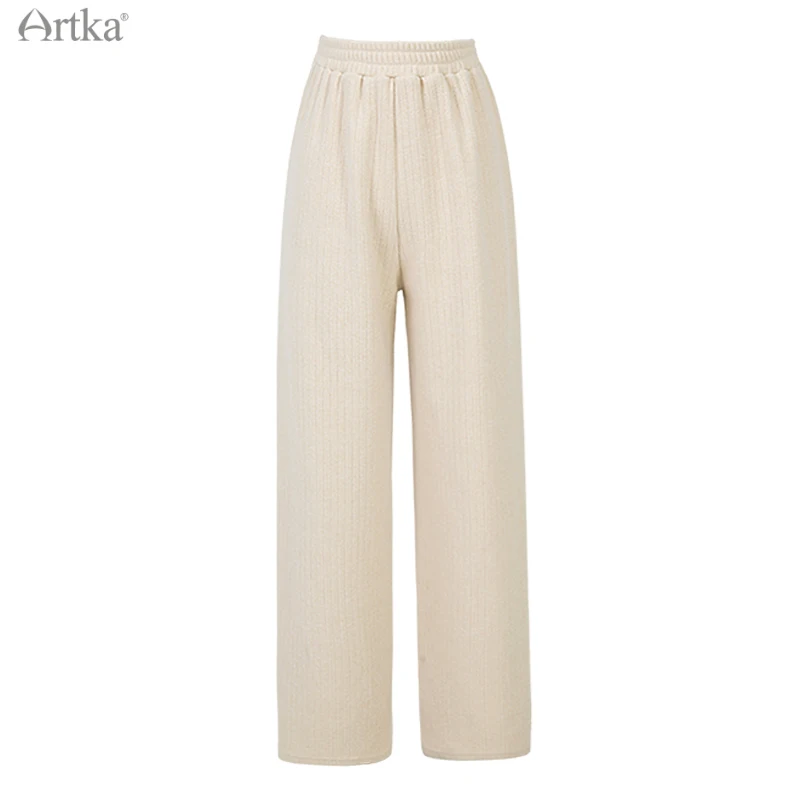 ARTKA 2020 Winter New Women Pants Casual Loose Draping Straight Long Pants Elastic Waist Soft Knitted Trousers Women ZA22001D