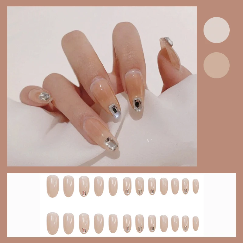 

24pcs Beige Nail Patch with Diamond Inlaid Round Head Glue Type Removable Long Paragraph Fashion Manicure False Nails Patch