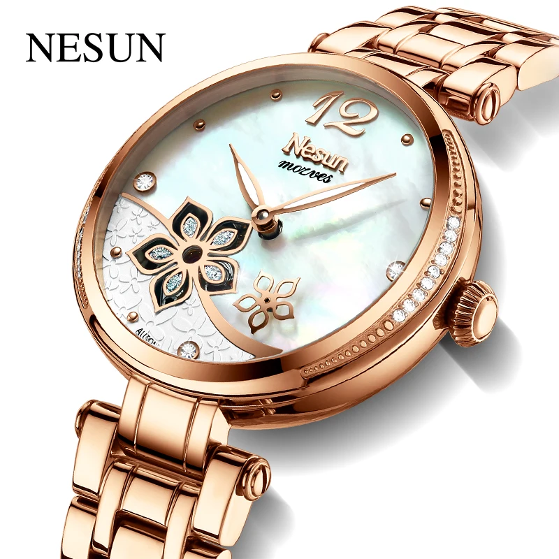 Nesun Official Mechanical Watch Women Skeleton Automatic Waterproof Luxury Ladies Shell Dial New WristWatches Relogio Feminino
