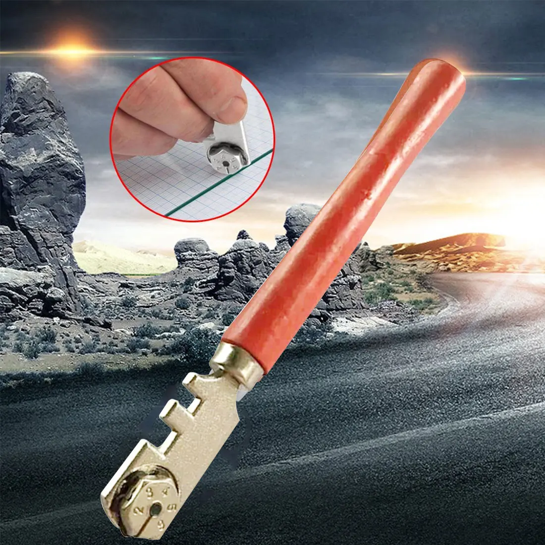 

Multifunctional Portable Six-wheel Glass Cutter Round Handle High-strength Roller Mahogany Round Flat Cutting Tool