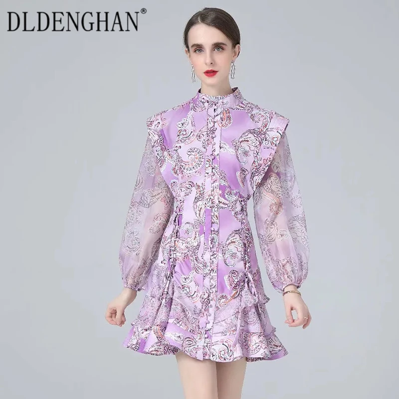 

DLDENGHAN Runway Designer Spring Dress Women Stand Collar Lantern Sleeve Ruffles Single Breasted Vintage Print Mini Dresses