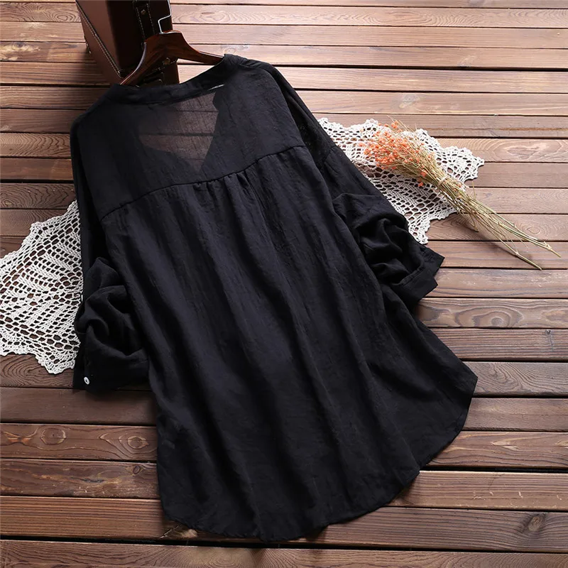 

Blouse Women Casual Solid V Neck Cotton Linen Autumn Ladies Shirt Female Tops Long Sleeve Blouses Office Lady White Clothes