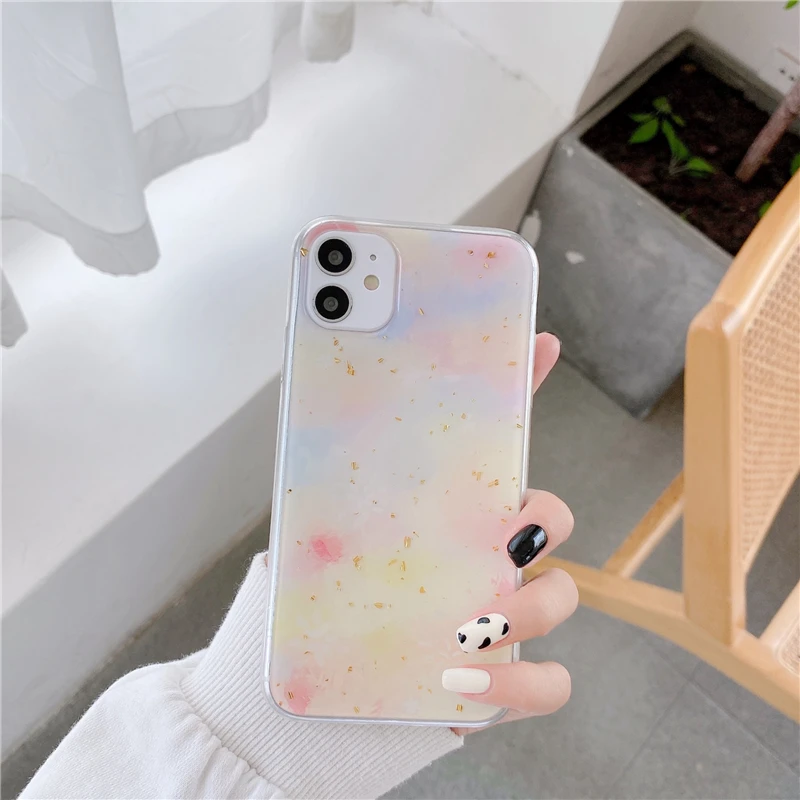 

Beautiful gold leaf white floral Phone case For iPhone 11 Pro Max XR XS 7 8 Plus SE2020 Soft Epoxy Pink Chrysanthemum Back Cover