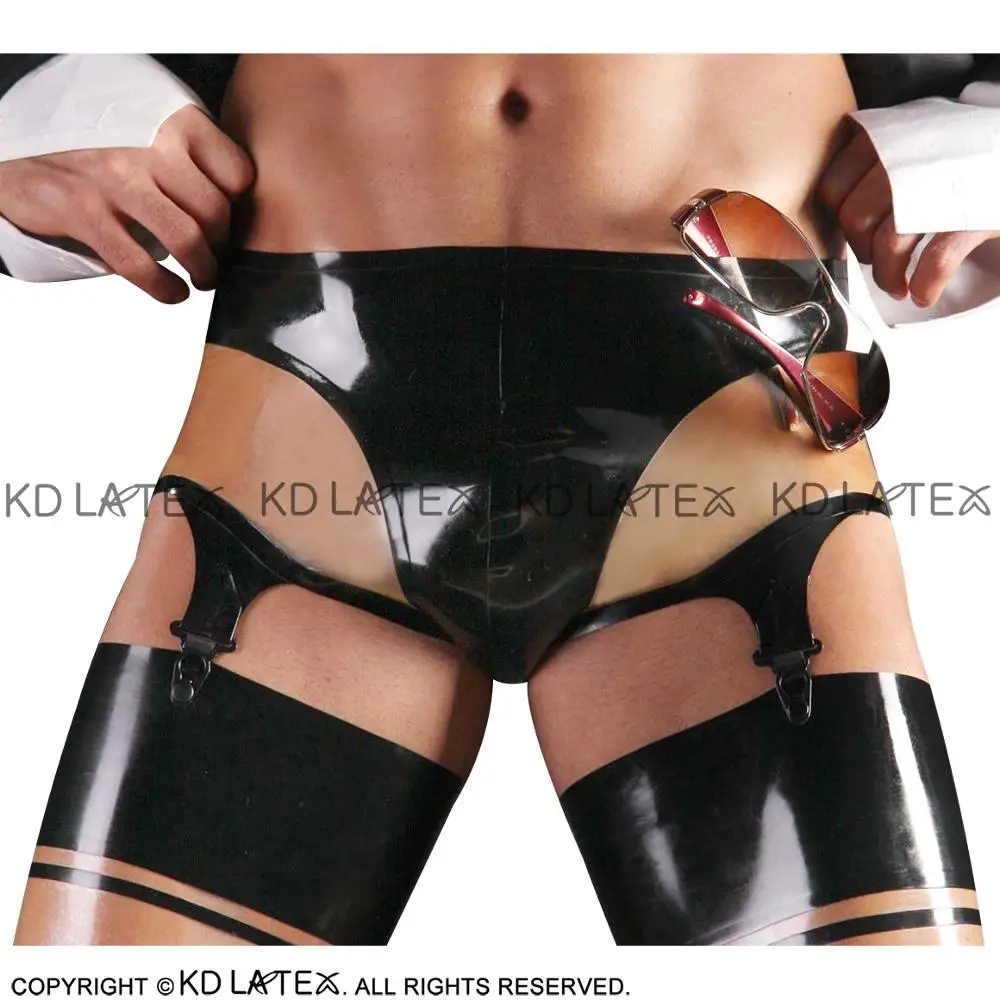 Black And Transparent Trims Sexy Latex Panties With Garters Rubber Shorts Underpants Underwear Briefs DK-0166