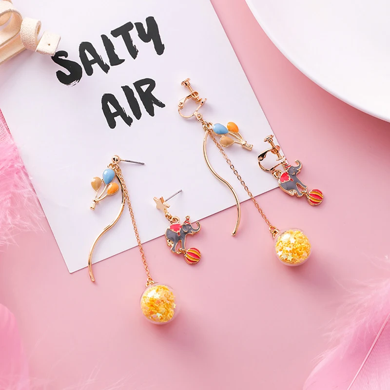 2019 Korea New Gold Color Asymmetric Animal Elephant Rabbit Bear Cat Ear cuff No Piercing Pearl Long Clip Earrings For Women | Украшения и