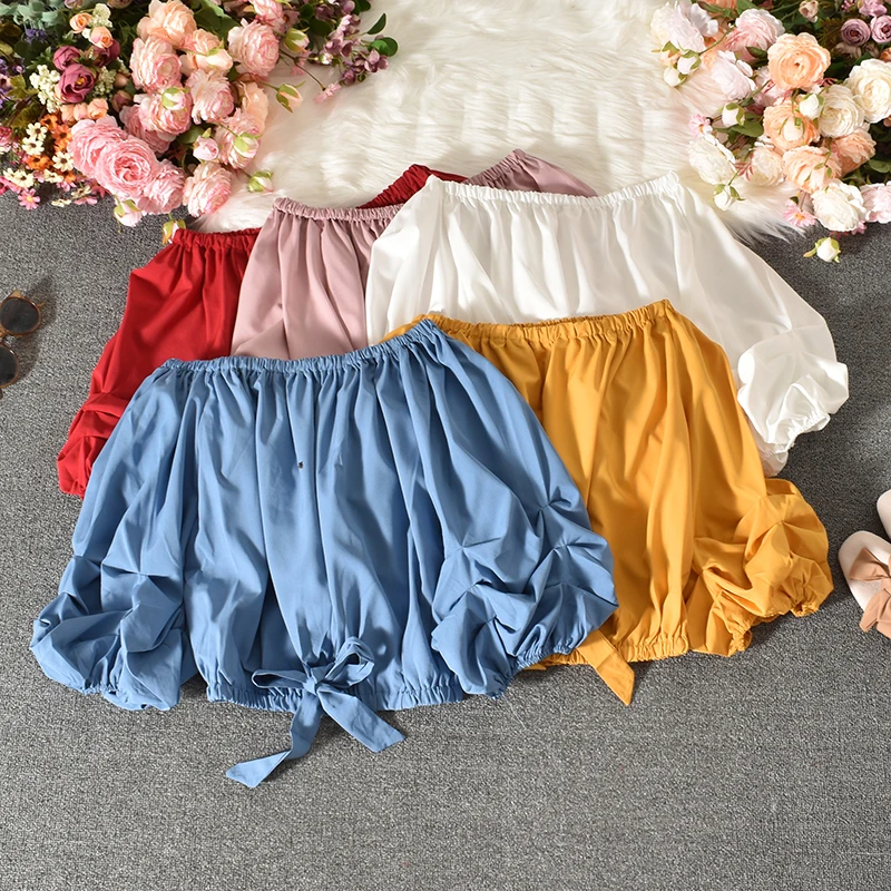 Женская блузка с открытыми плечами базовая короткая рубашка воротником-лодочкой