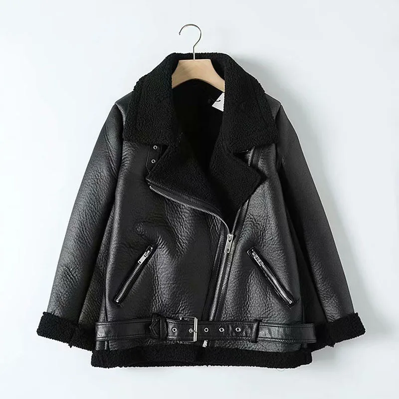

Fur Long Sleeved Loose Belt Warm Women's Jacket Lamb Wool Winter Thickened Locomotive Lapel Female Coat Beige Black Chic PU Top