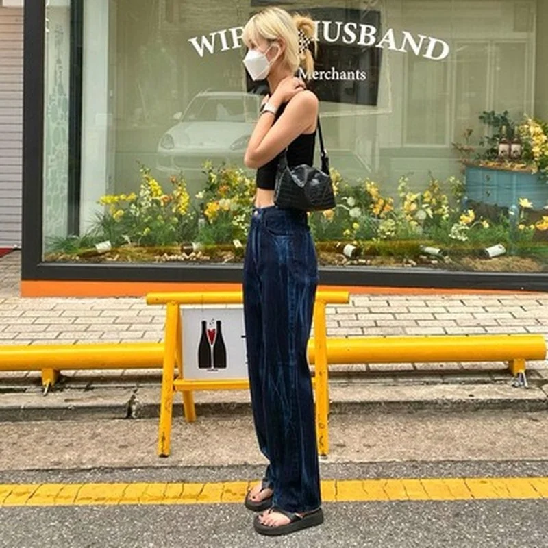 

LEOSOXS Tie Dye Print Blue Baggy Mom Jeans Woman High Waist Casual Loose Wide Leg Denim Trousers Female Korean Streetwear