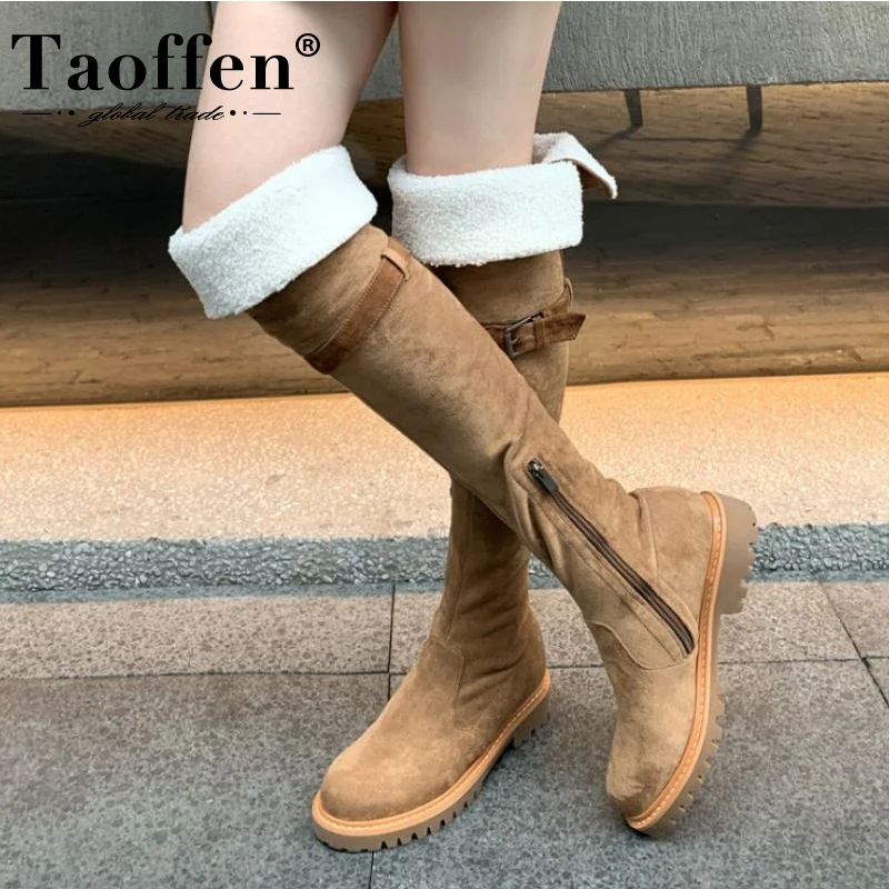 

Taoffen/женские высокие сапоги из натуральной кожи; Зимняя теплая обувь с украшением в виде ремня; Повседневные зимние сапоги до колена; Модная ...