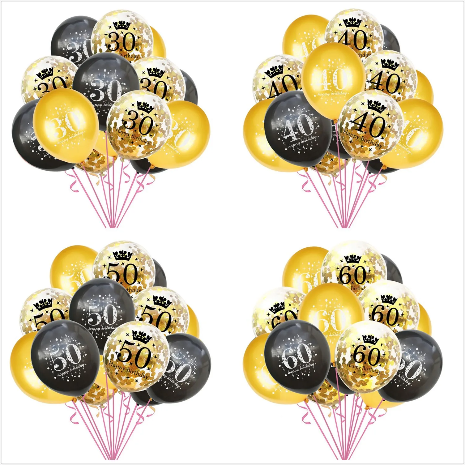 15pcs 12 inch 16 18 30 40 50 60  Year Old Confetti Sequins Combination Balloon Set Adult Birthday Party Decorations
