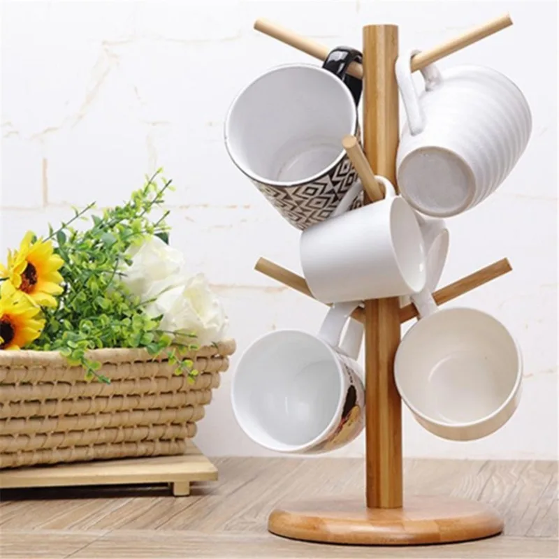 1 Set Tree Shape Wood Coffee Tea Cup Storage Holder Stand Home Kitchen Mug Hanging Display Rack Drinkware Shelf With 6 Hooks