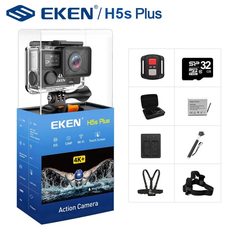 Экшн-камера EKEN H5S Plus HD 4K 30fps EIS с чипом Ambarella A12 внутри, водонепроницаемая на 30 метров, с сенсорным экраном 2.0 дюйма.