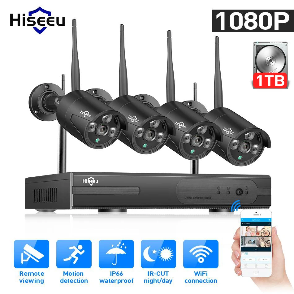 Hiseeu 8CH 1080P HD уличная ИК ночного видения видеонаблюдение 4 шт. ip-камера безопасности 2MP wifi система видеонаблюдения Беспроводной NVR комплект HDD