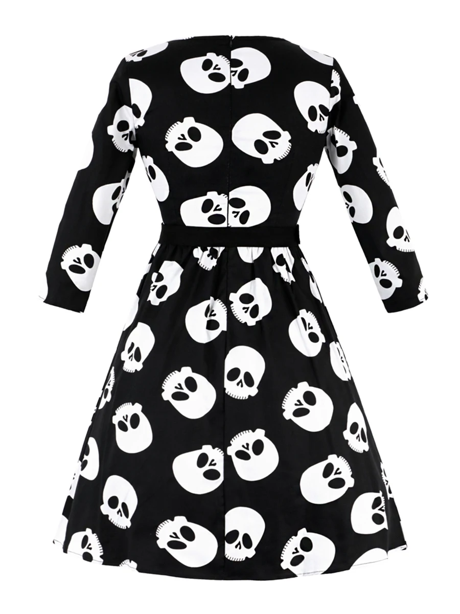 

4XL Plus Size Dresses Women Gothic Skull Print Fashion Black Vintage A Line Oversize Elegant Girl Casual Swing Midi Dress